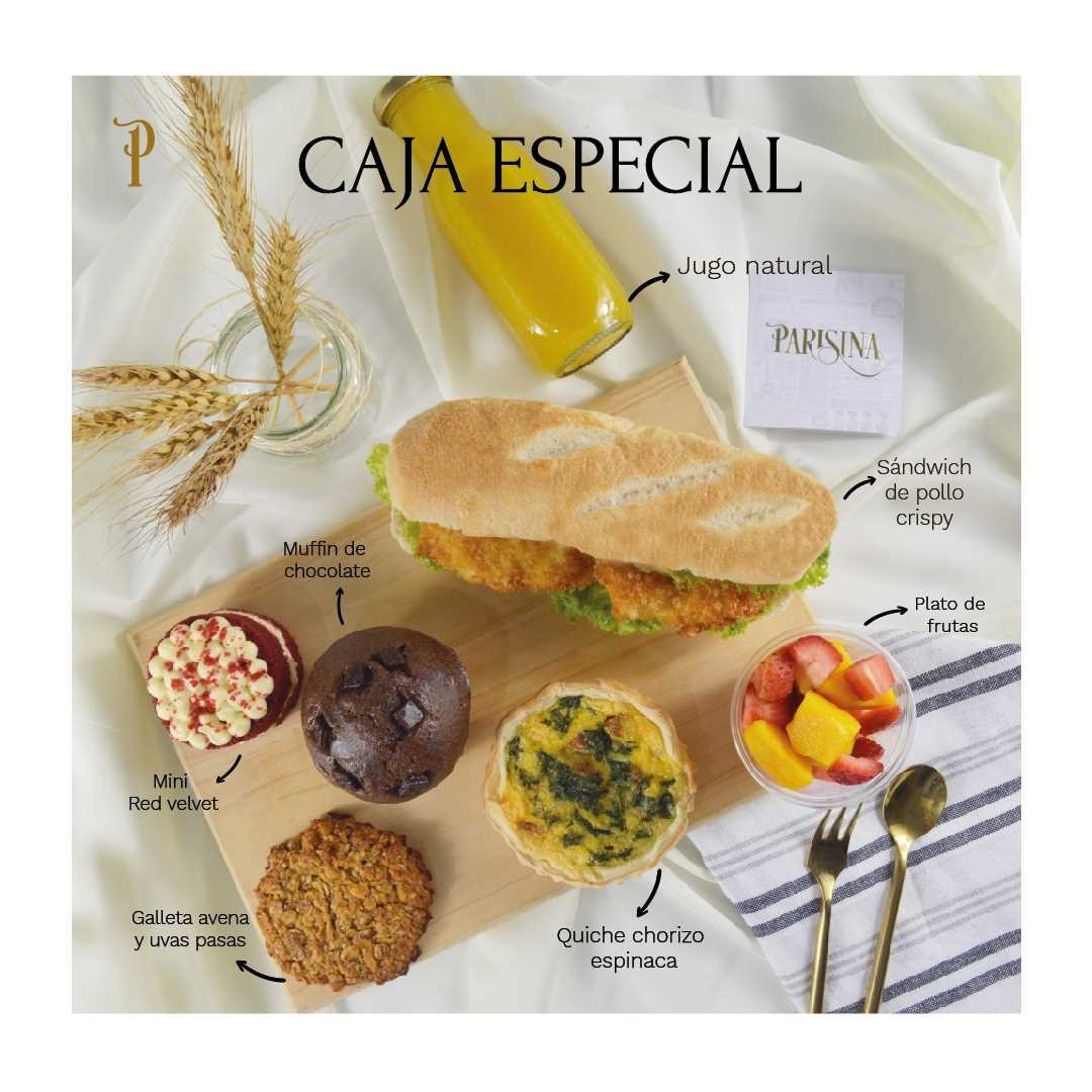 Caja Especial Parisina con sándwich, muffin, quiche y fruta